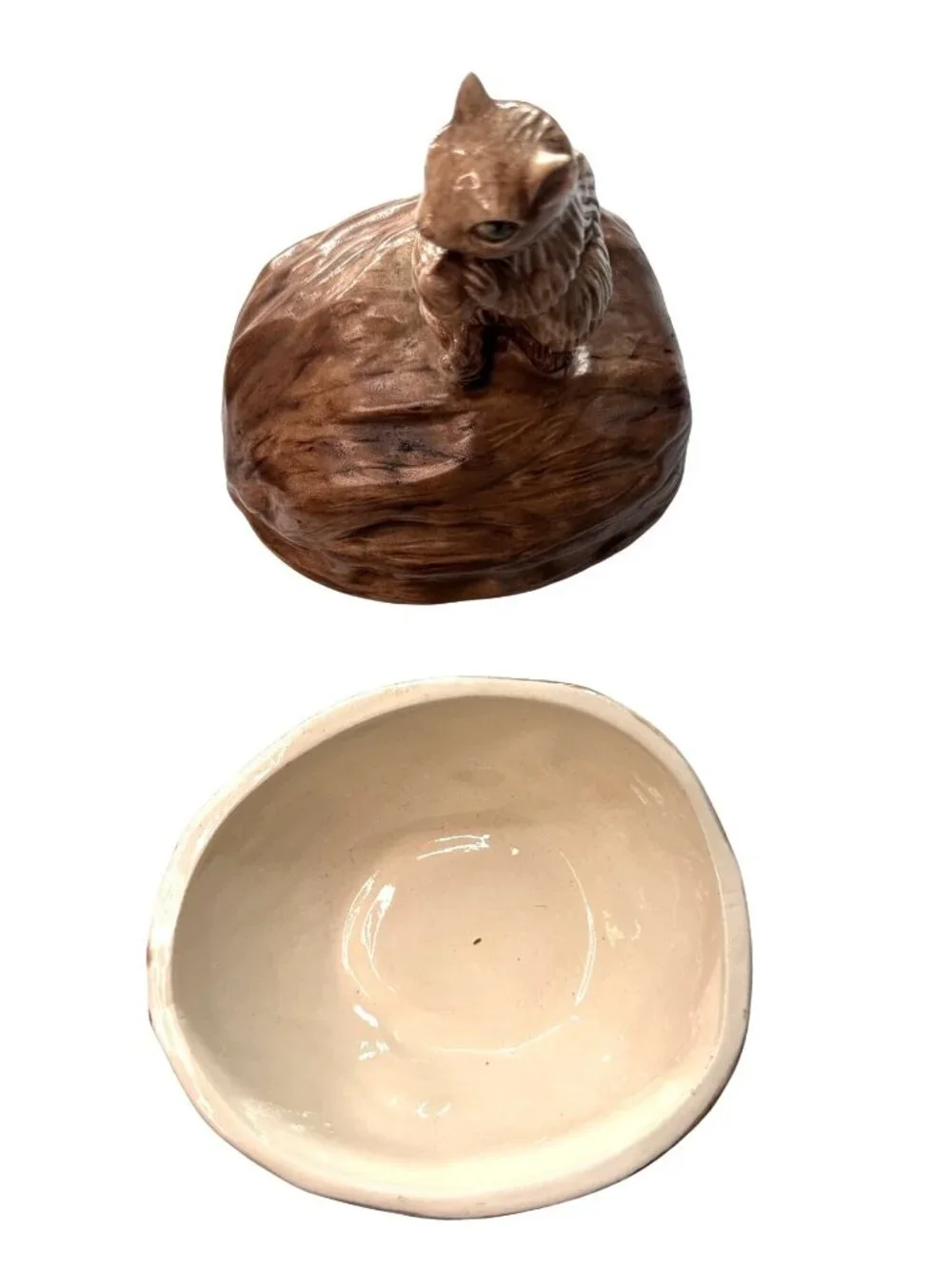 Vintage Ceramic Squirrel on Walnut Lidded Dish - Mid-Century Candy Bowl, Woodlan